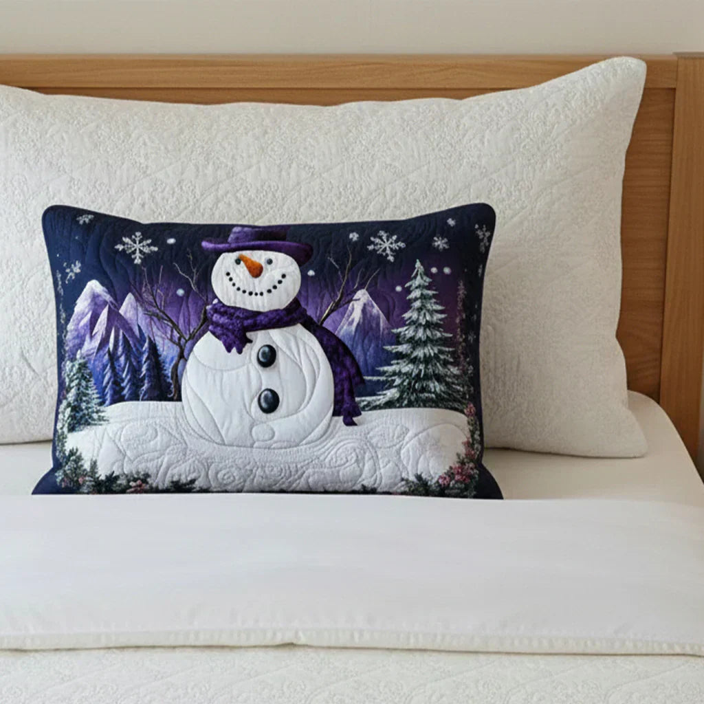 Quilted cushion cover with snowman and purple winter landscape print