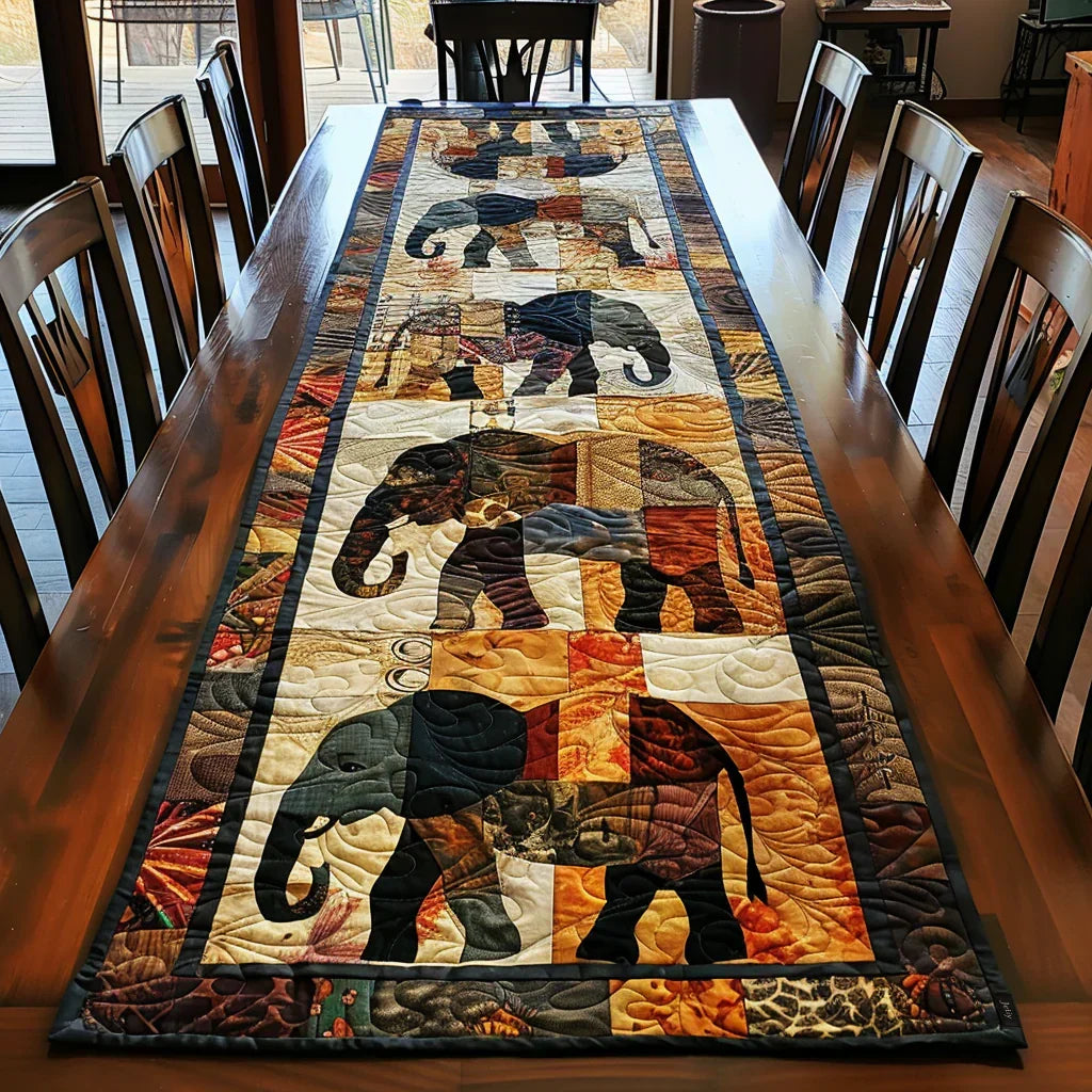 Quilted table runner with elephant parade patchwork in multicolor fabric strips