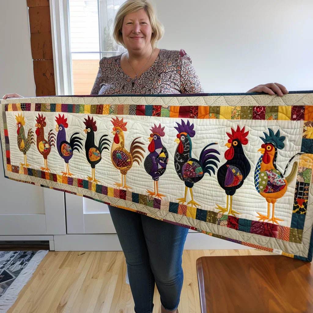 Quilted table runner featuring a long row of colorful roosters with patchwork strip border