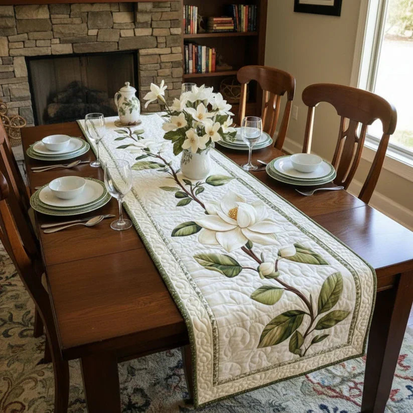 Rustic Magnolia Flower Quilted Table Runner Margaret York