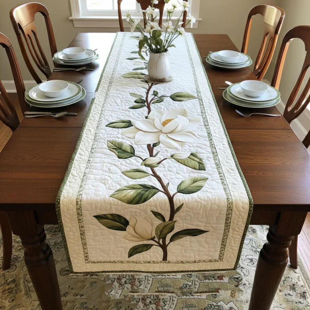 Rustic Magnolia Flower Quilted Table Runner Margaret York