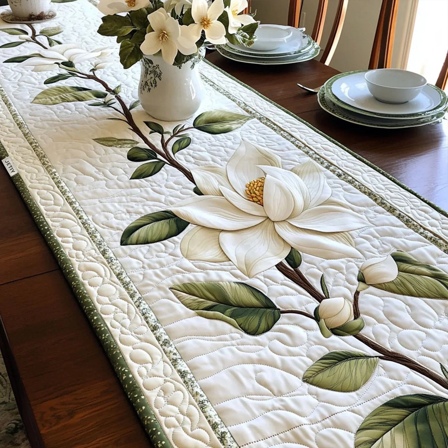Rustic Magnolia Flower Quilted Table Runner Margaret York