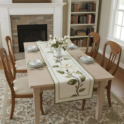 Rustic Magnolia Flower Quilted Table Runner Margaret York