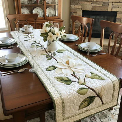 Rustic Magnolia Flower Quilted Table Runner Margaret York