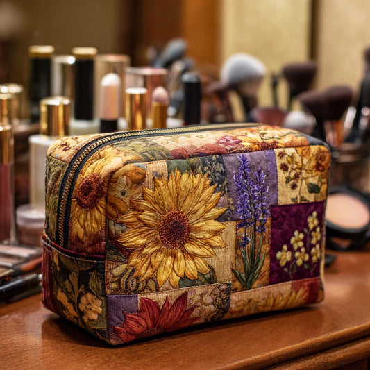 Padded makeup bag with rustic sunflower and floral print, zippered top