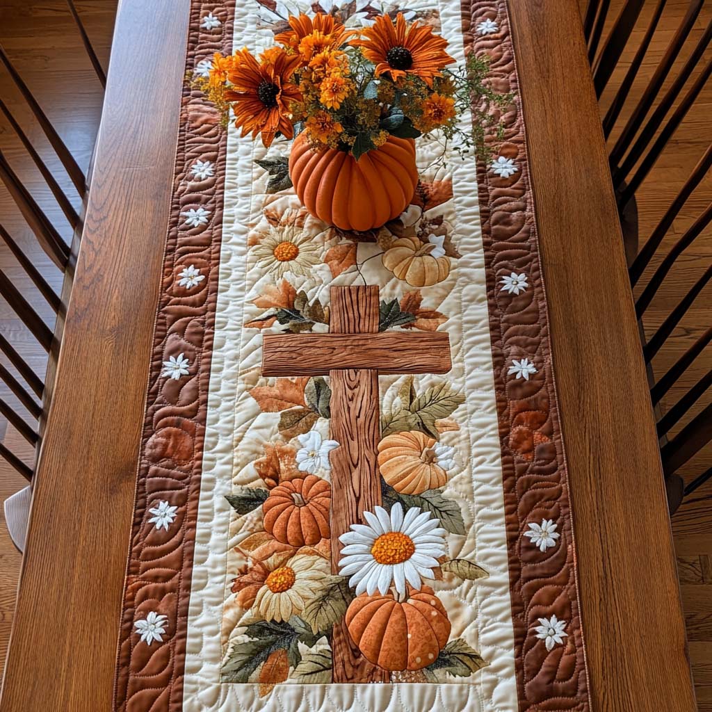 Quilted autumn table runner with orange pumpkins, flowers, and brown border