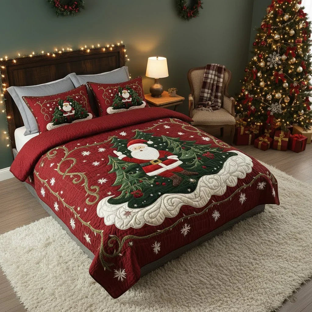 3-piece quilted bed set featuring Santa panel design, red quilt, and two shams