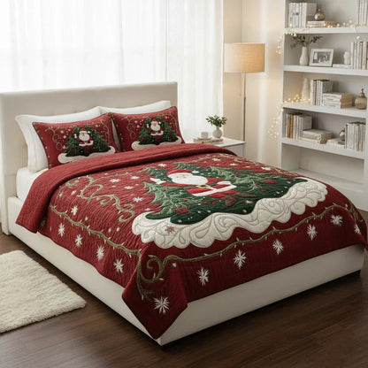 Quilted bed set with red Santa-and-tree print, white stitched border, and two shams