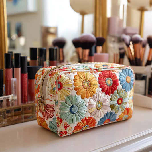 Padded makeup bag with colorful floral petal print and top zipper