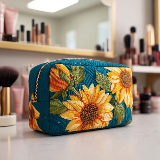 Quilted makeup bag in teal with zipper closure and embroidered sunflower floral design