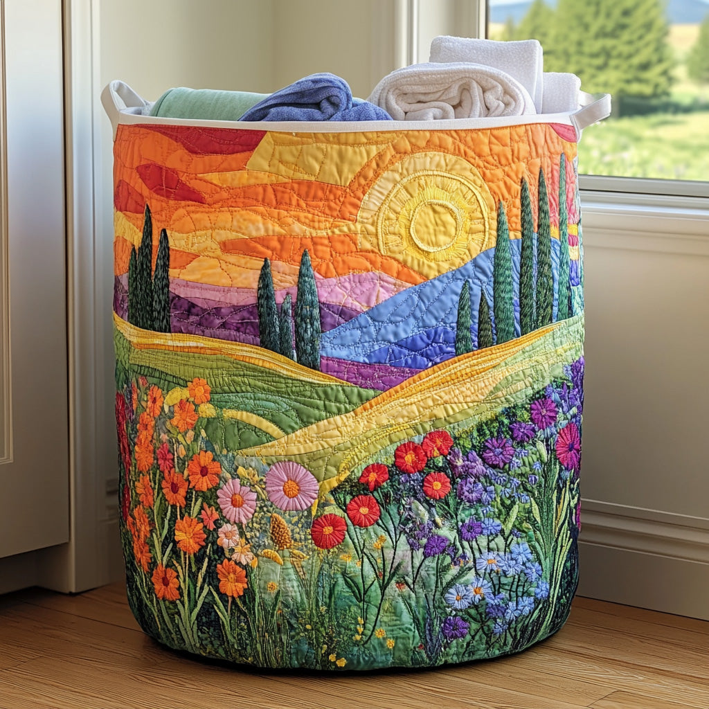 Handcrafted laundry basket with quilted fabric design and colorful meadow flower print