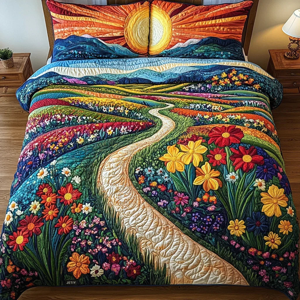 Colorful quilted bed set with floral garden pattern and winding vines