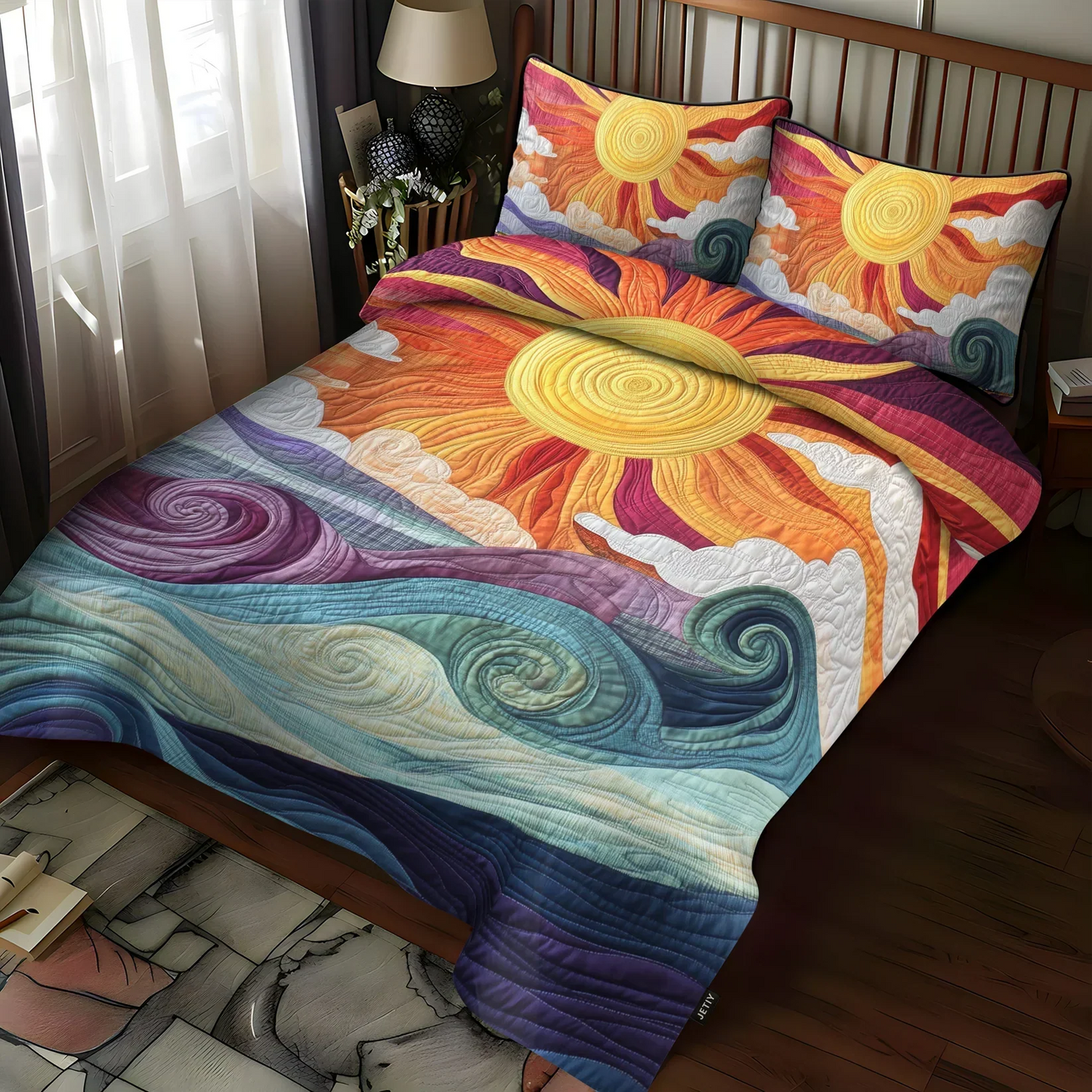 Quilted bedspread with colorful swirl medallion pattern and matching pillow shams