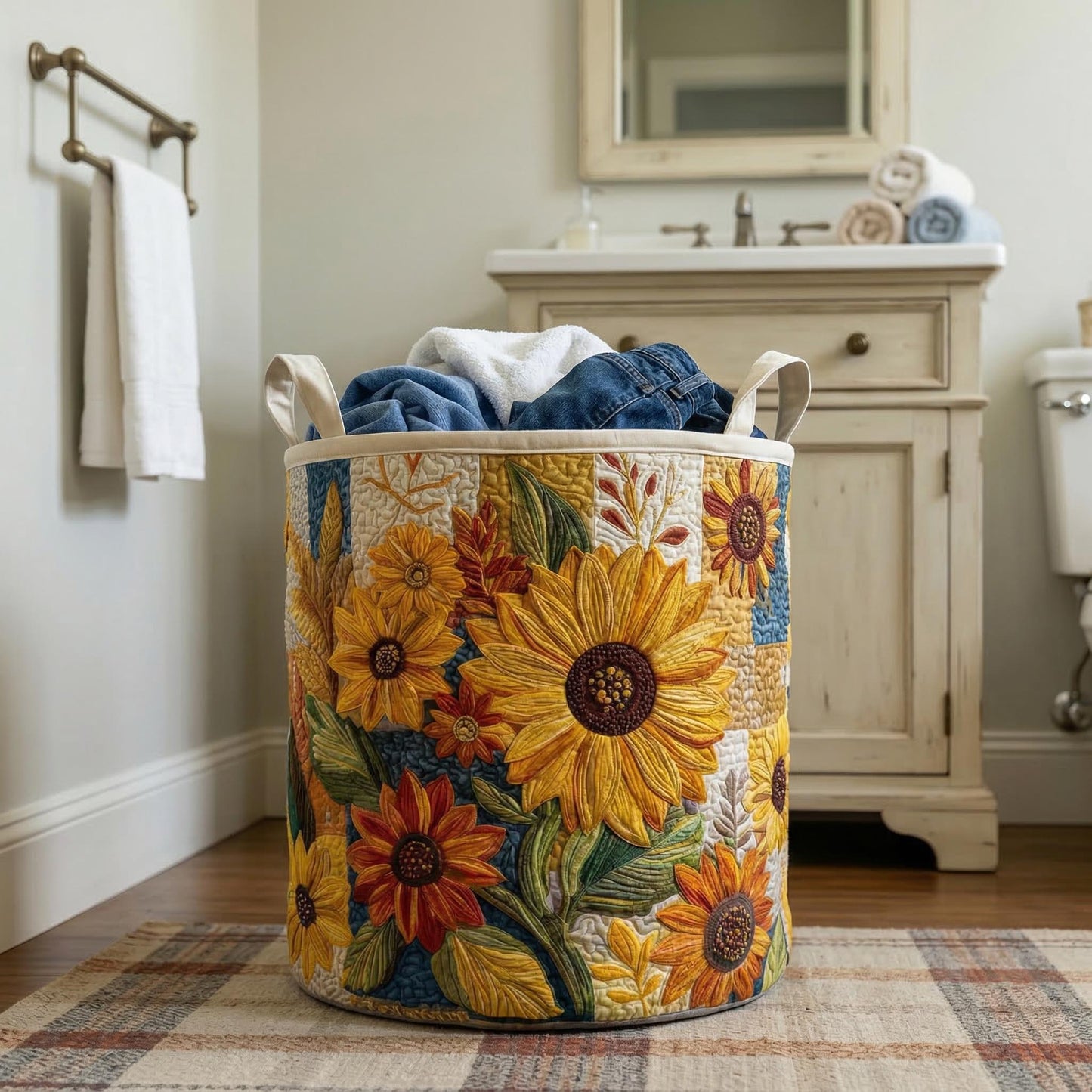 Quilted round laundry hamper with sunflower embroidery, open top holding folded clothes
