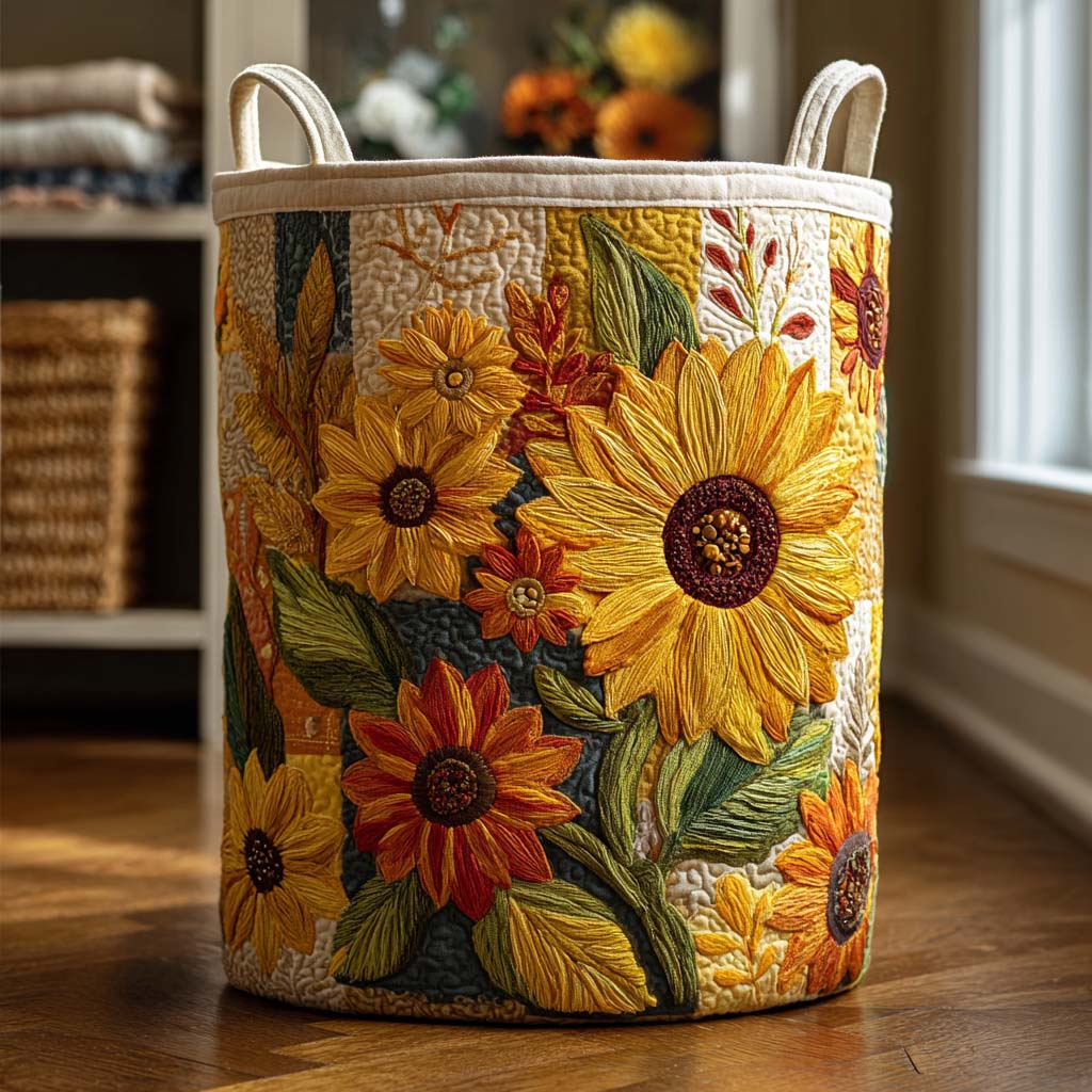 Quilted laundry hamper with sunflower embroidery and two fabric handles, round bin