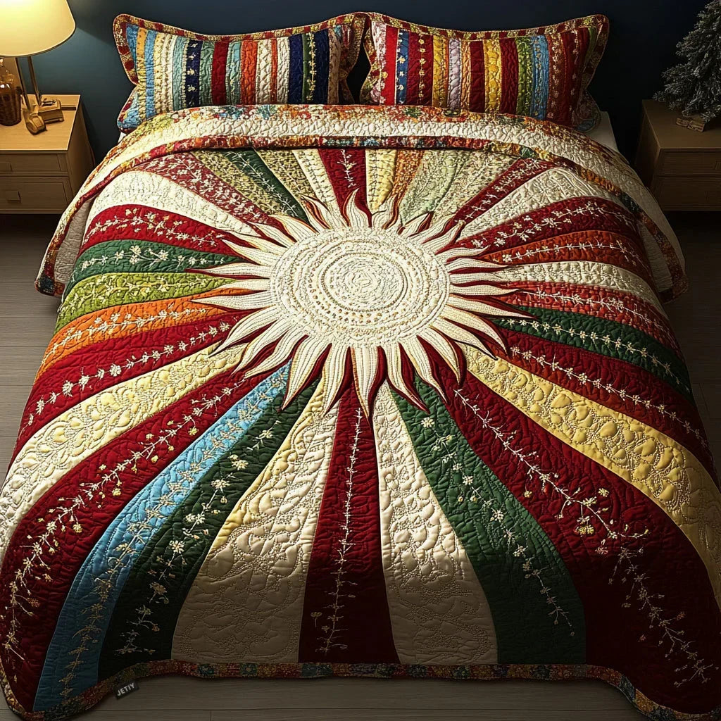Quilted bed set with colorful sunburst medallion quilt and matching pillow sham