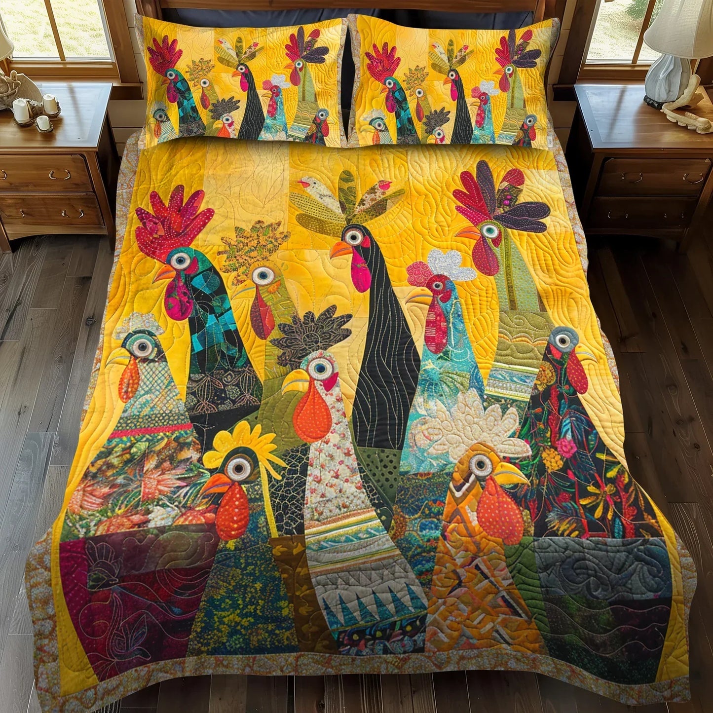 3-Piece Quilted Bed Set - Dawn's Rooster Design Margaret York
