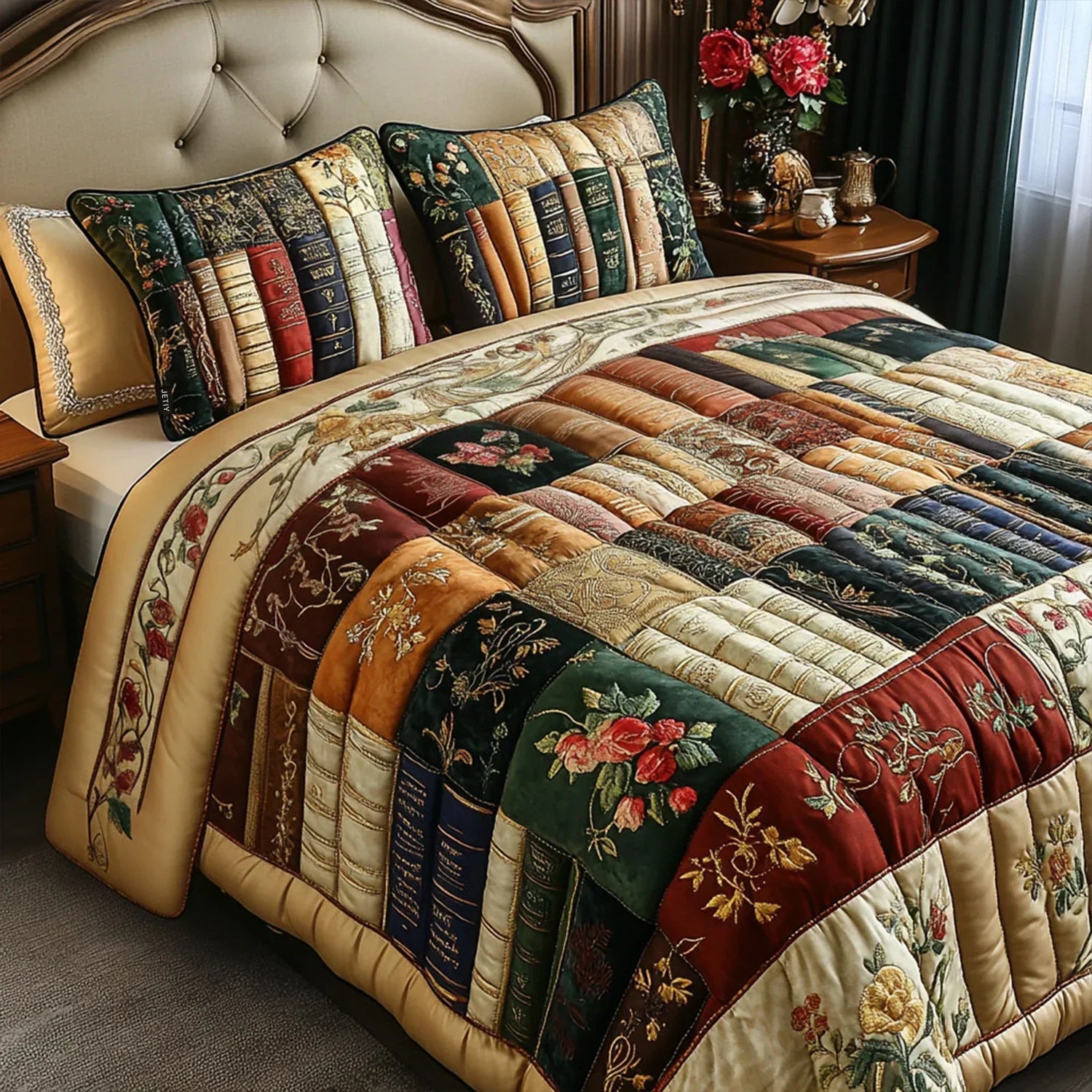 Quilted bed set with patchwork book-and-floral pattern, burgundy/green comforter and pillow shams