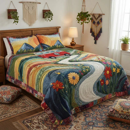 Colorful quilted bed set with floral border, van motif, and two decorative pillow shams