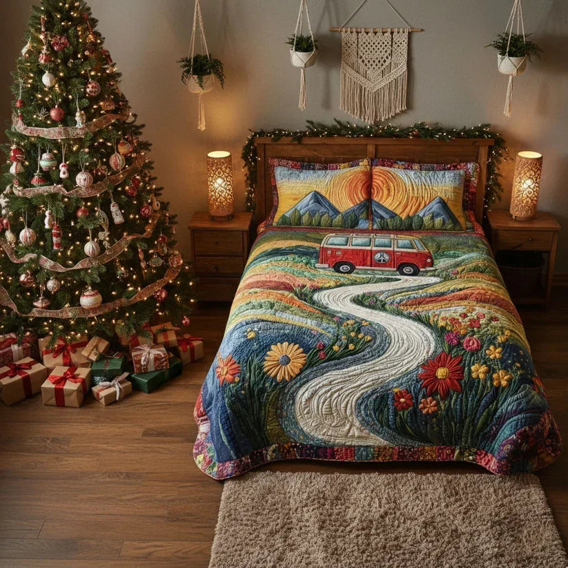 Quilted bed set with van and mountain art, swirling wave quilting, and flower accents