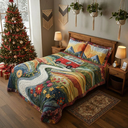 Quilted bed set with floral patchwork, van motif, and two matching pillow shams