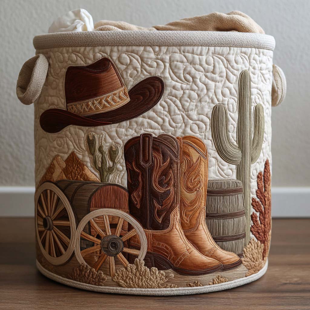 Quilted cream fabric laundry basket with western boot, wagon, and cactus appliques