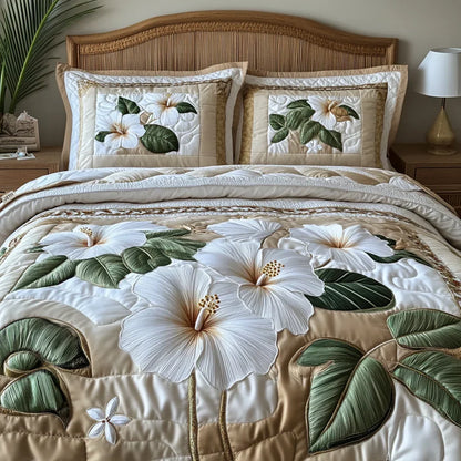 White Hibiscus 3-Piece Quilted Bedding Set Margaret York