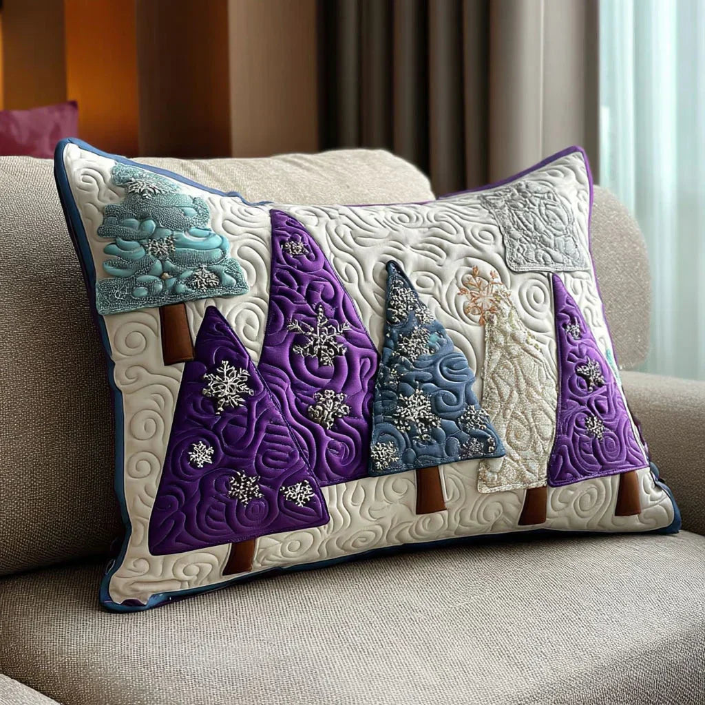 Quilted cushion cover with purple and blue patchwork, textured floral embroidery