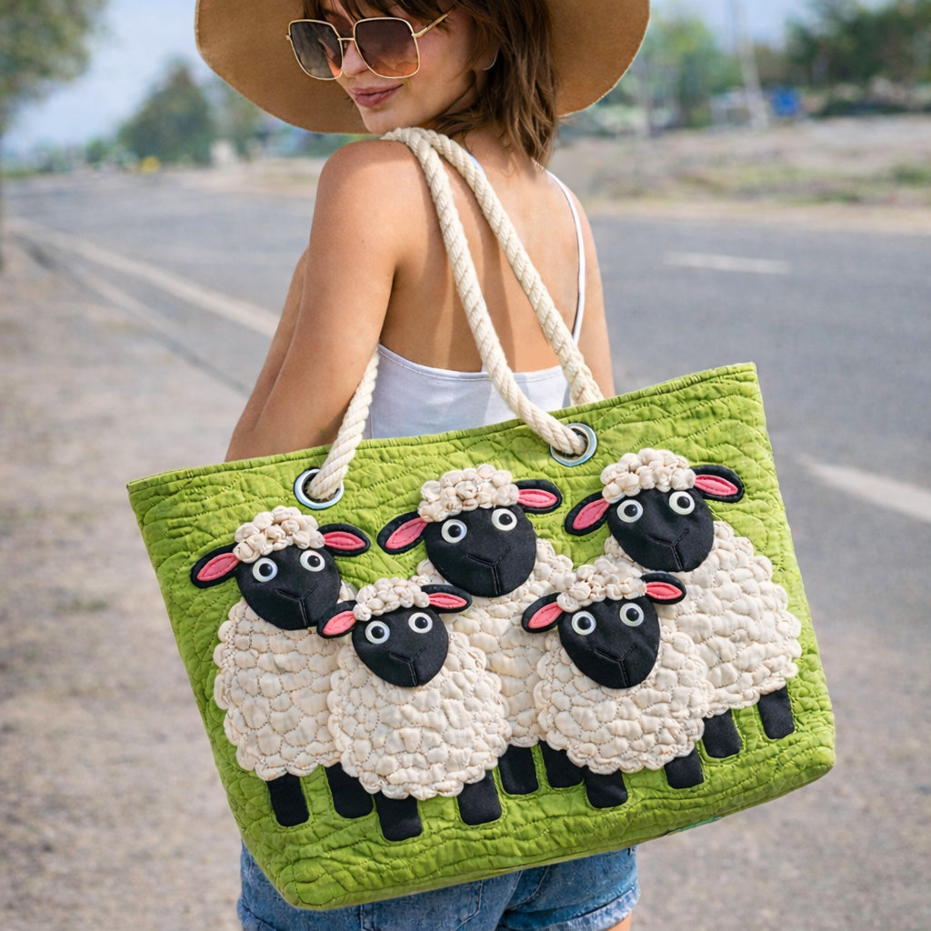 Handcrafted sheep-themed beach bag with rope handles