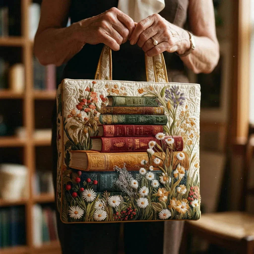 Embroidered book-and-flower tote bag held by tan handles, rectangular shape