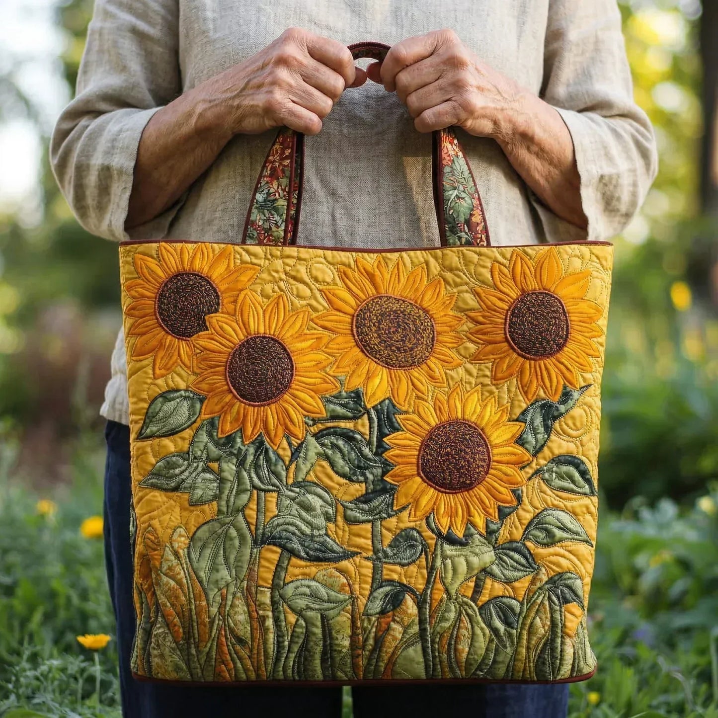 Handheld sunflower tote bag with quilted panels, green foliage print, and top handles
