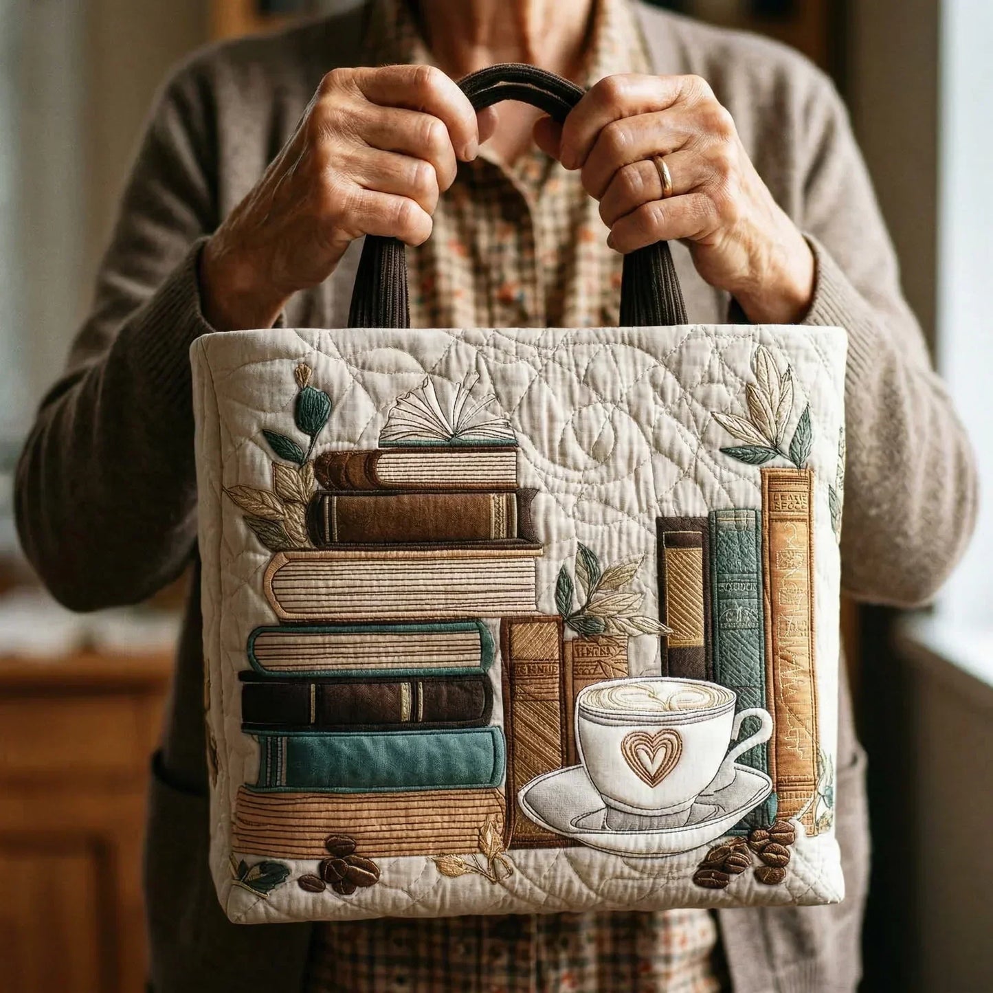 Quilted tote bag held by handles, stacked books and coffee cup front graphic