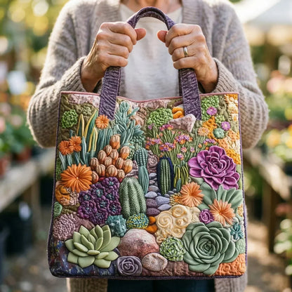 Handcrafted tote bag with succulent embroidery and purple handles