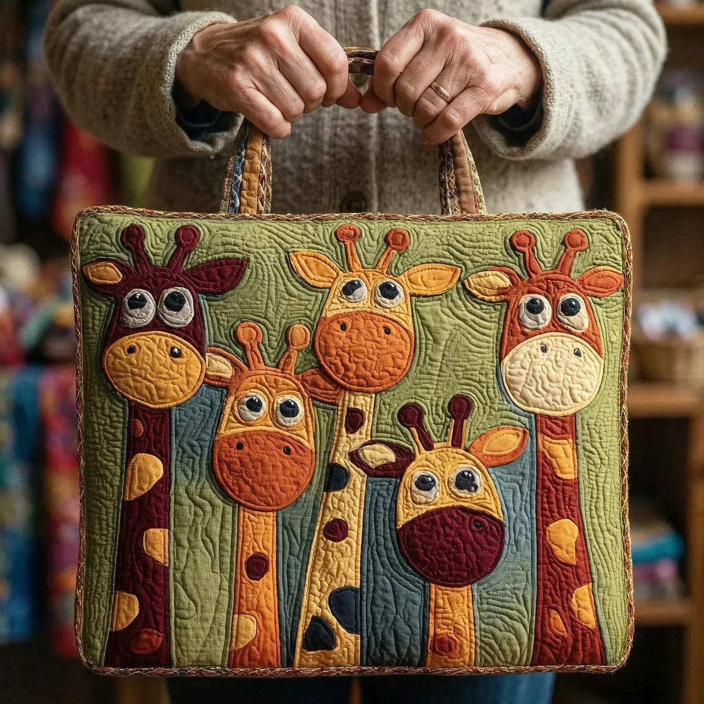 Handcrafted quilted bag, green with giraffe applique patchwork, brown fabric handles