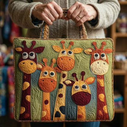 Handcrafted quilted bag, green with giraffe applique patchwork, brown fabric handles