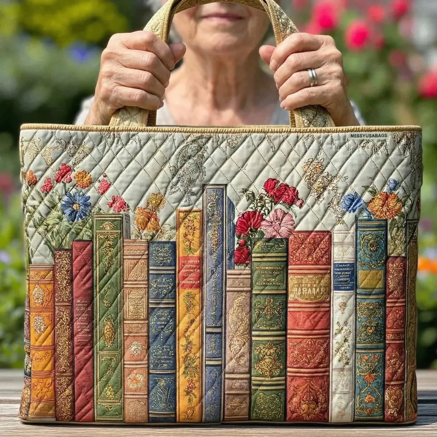Handheld quilted tote bag with colorful book-spine patchwork and dual top handles