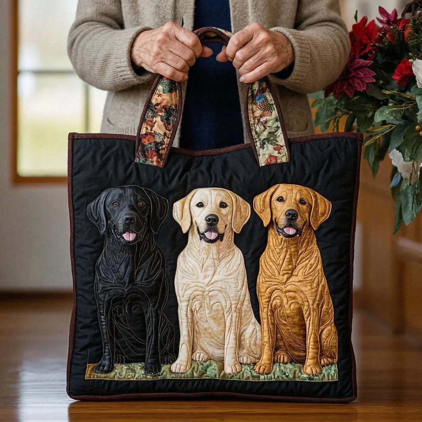 Hands holding handcrafted tote bag with three labrador appliques and patterned handles