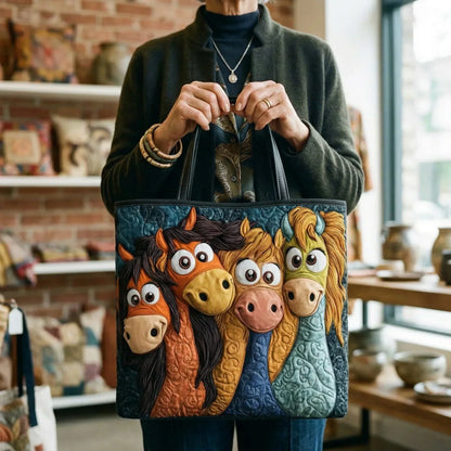 Handcrafted tote bag featuring three pony face applique with stitched quilted panels