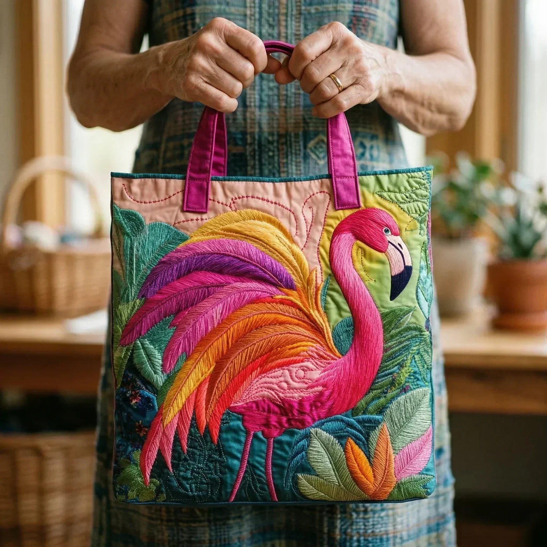 Handcrafted tote bag with embroidered flamingo and leaf design, gripped pink handles