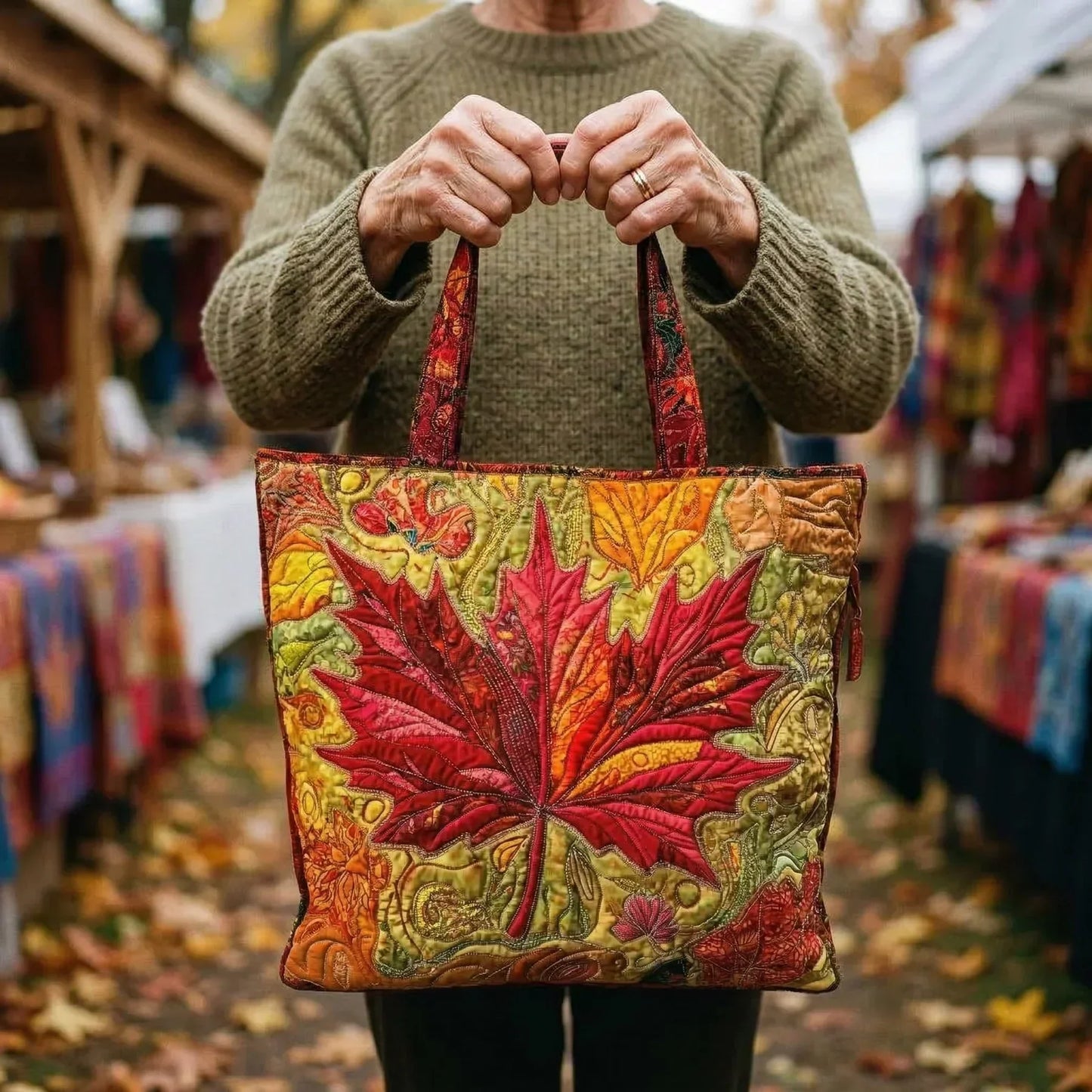 Embroidered leaf tote bag in red, green, and orange held up by short fabric handles
