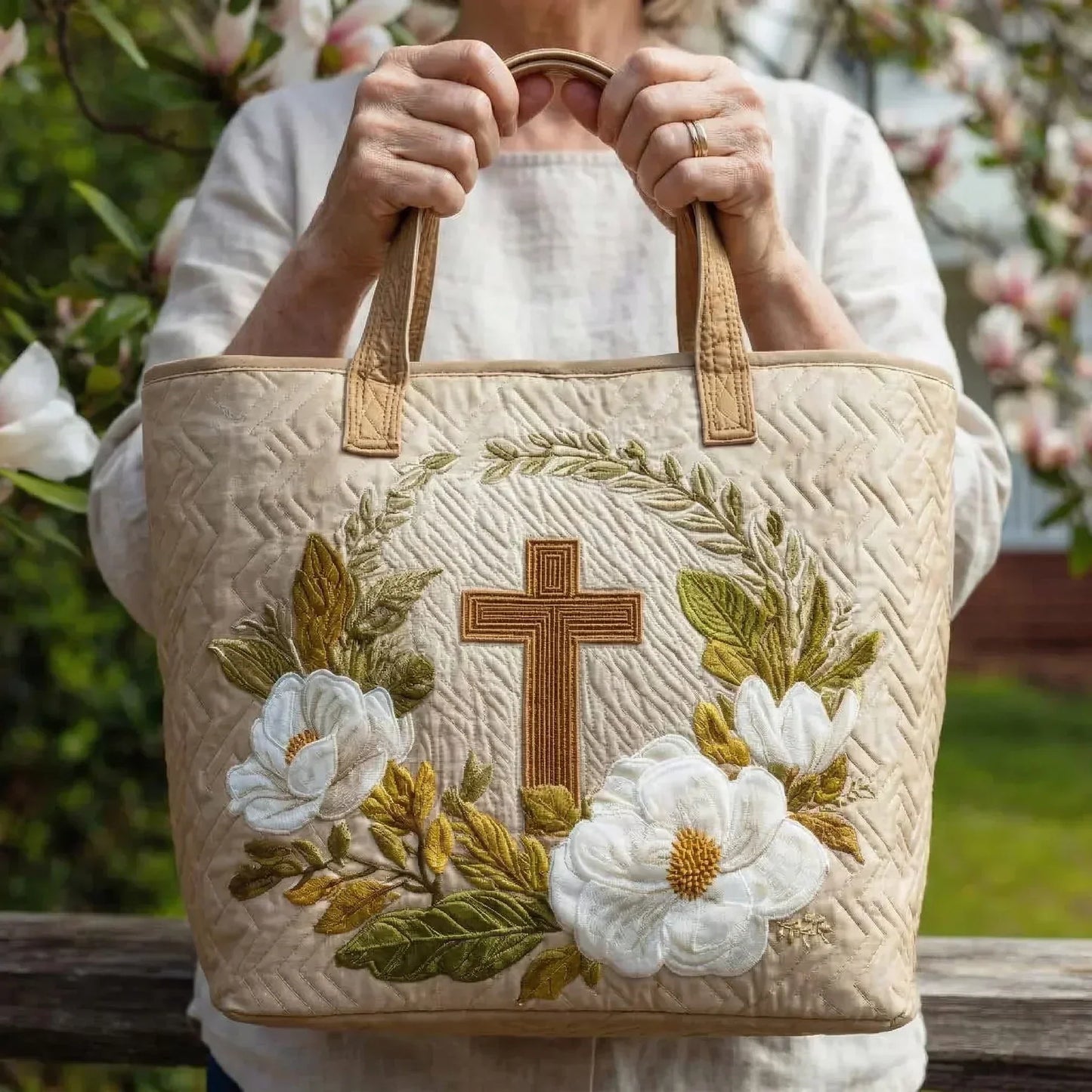 Beige embroidered tote bag with floral flowers and central cross; person holds the handles