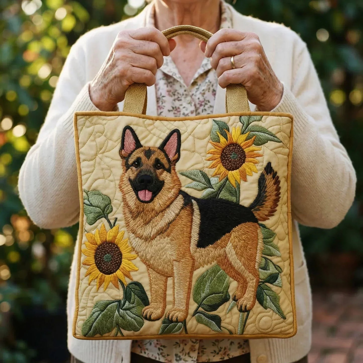 Quilted handcrafted tote bag with German Shepherd and sunflower embroidery