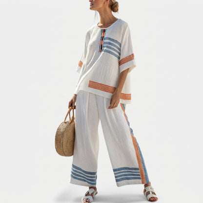 White linen ethnic set with blue and rust stripe tunic and wide-leg pants