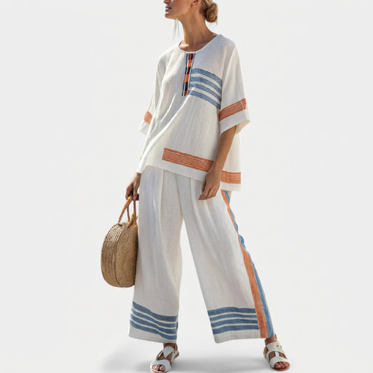 White linen ethnic set with blue and rust stripe tunic and wide-leg pants