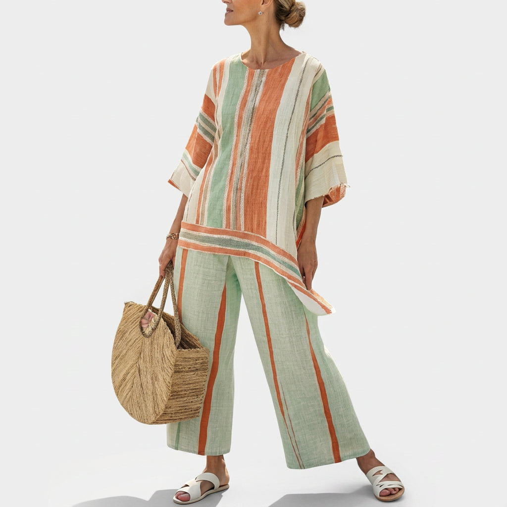 Women’s striped linen set: short-sleeve tunic and wide-leg pants in green, orange, cream.