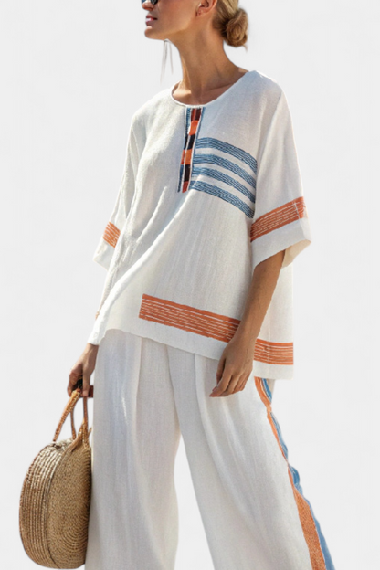 White ethnic tunic set with blue stripe chest and rust cuff borders