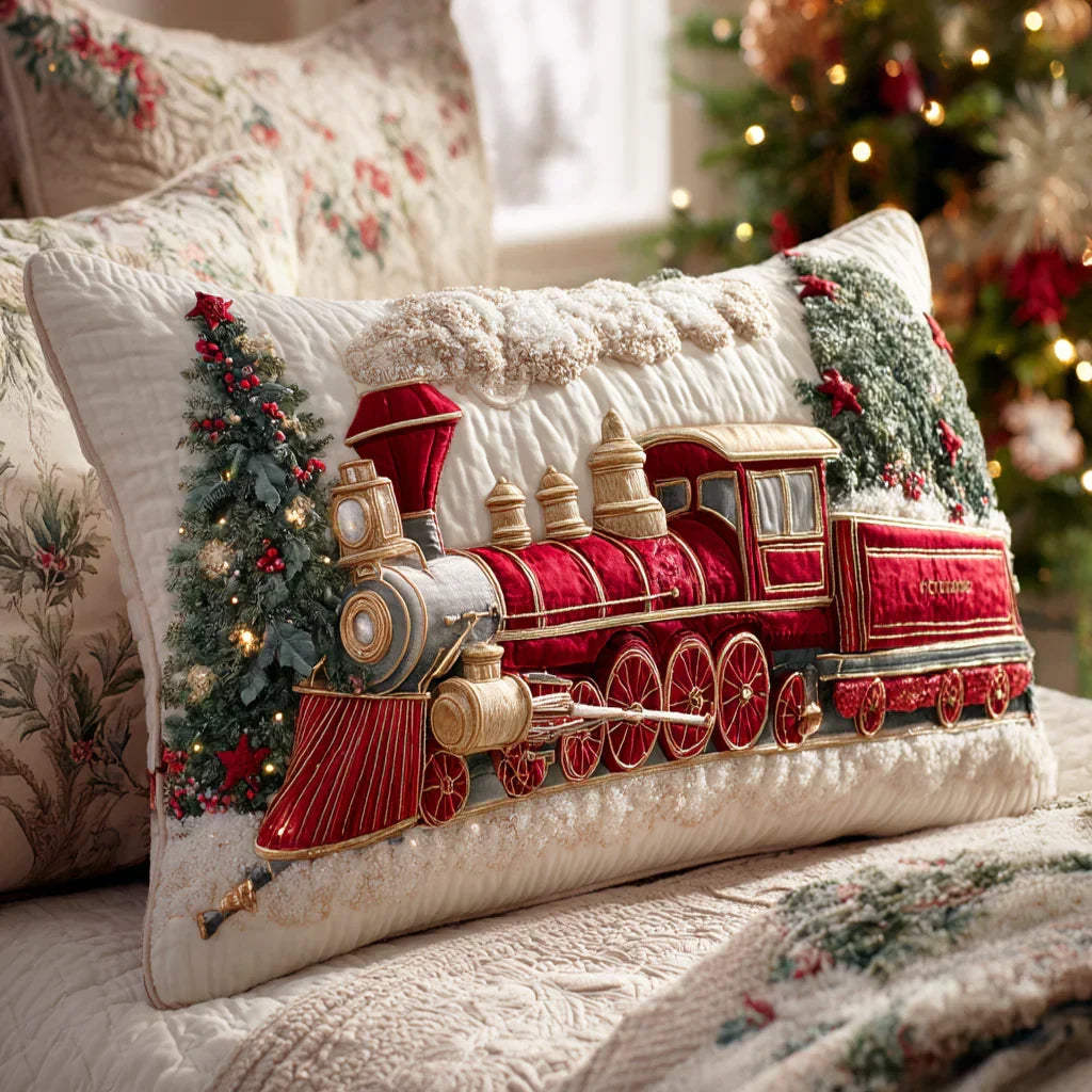 Festive Steam Locomotive Quilted Cushion Cover Margaret York