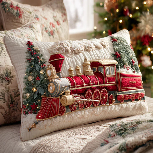 Festive Steam Locomotive Quilted Cushion Cover Margaret York