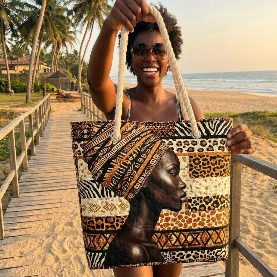 Handcrafted beach bag with rope handles, multicolor tribal panels and leopard print front