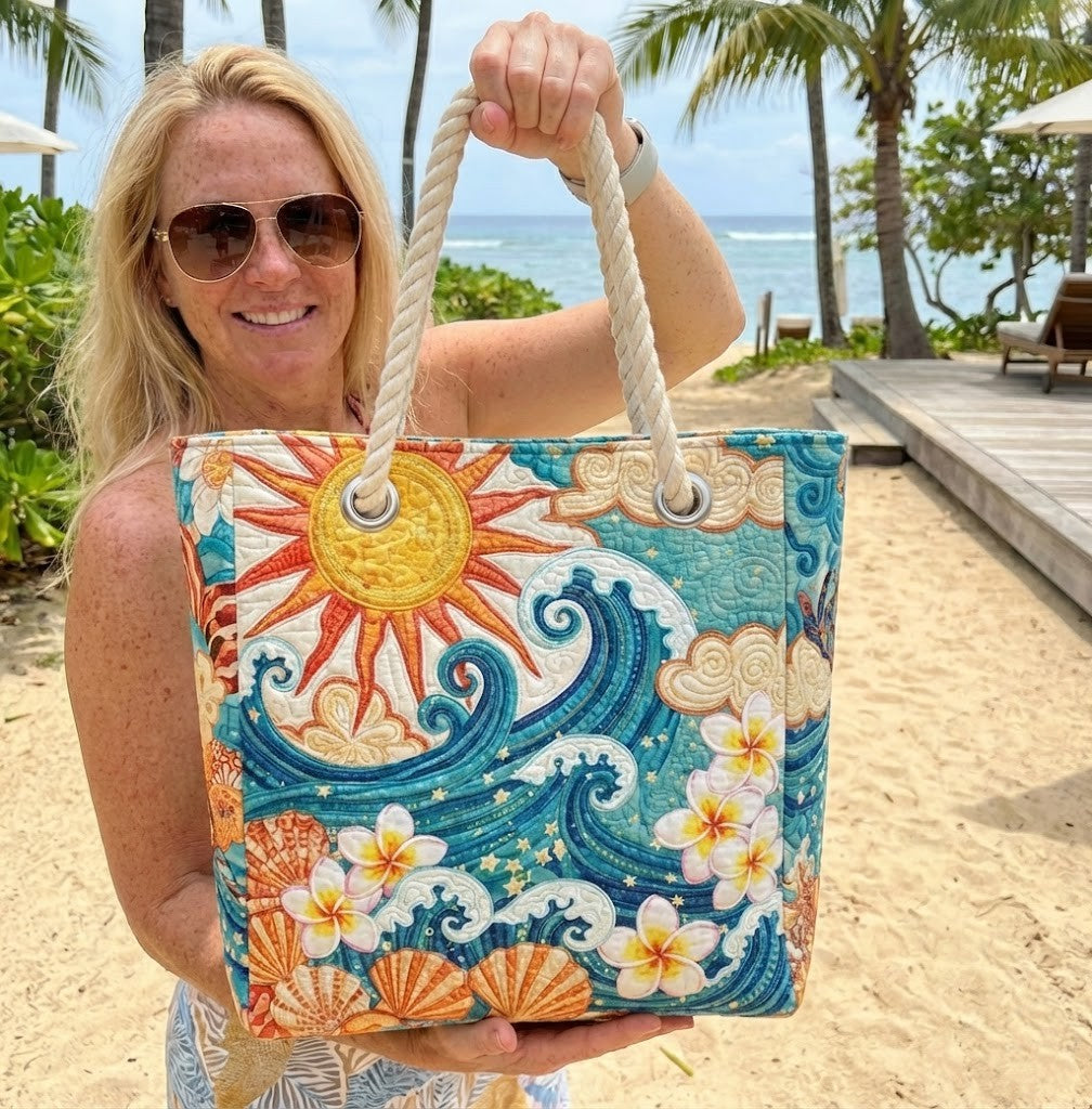 Handcrafted beach bag Warm Halo, front view with rope handles and floral wave pattern